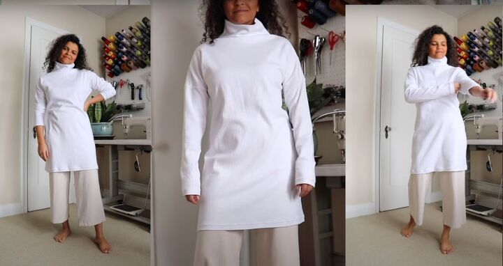 how to sew a stylish turtleneck dress that s perfect for winter, DIY winter dress in white