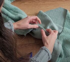 how to make a cozy diy wrap cardigan out of soft eyelash fabric, Inserting the sleeves into the armholes