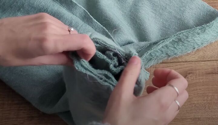 how to make a cozy diy wrap cardigan out of soft eyelash fabric, Inserting the cuff into the sleeve