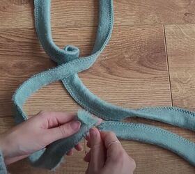how to make a cozy diy wrap cardigan out of soft eyelash fabric, Sewing the belt tie for the wrap cardigan