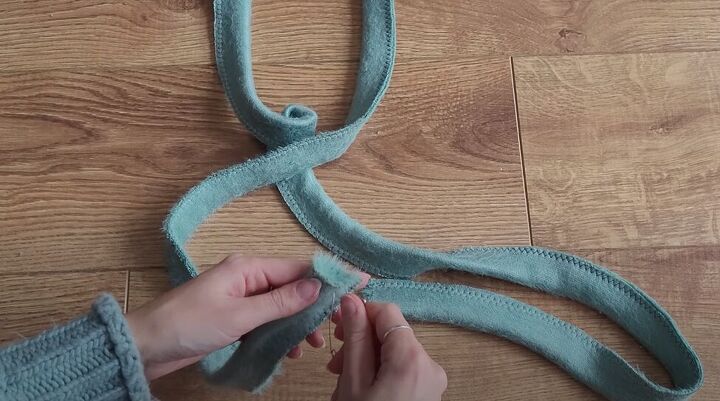 how to make a cozy diy wrap cardigan out of soft eyelash fabric, Sewing the belt tie for the wrap cardigan
