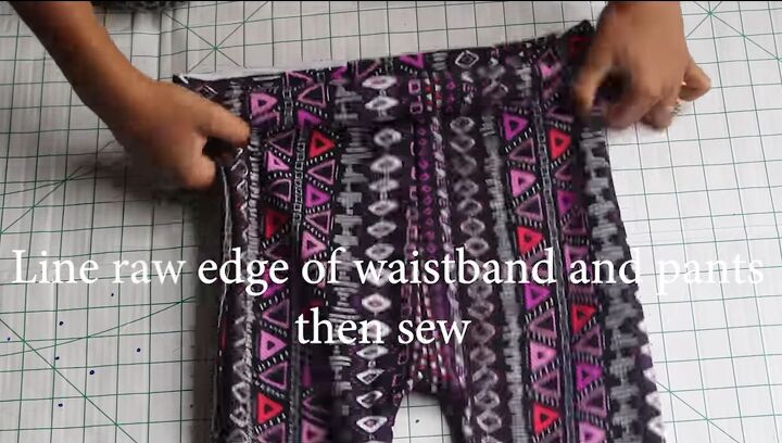 how to make trendy diy bell bottoms using leggings as a pattern, Attaching the waistband to the pants