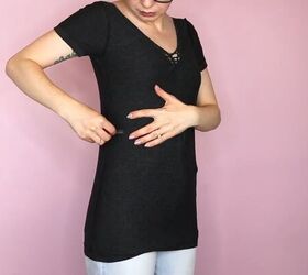 5 ways to make a diy crop top from a t shirt easy no sew tutorial, Wearing the t shirt and marking the crop