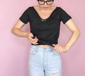 5 ways to make a diy crop top from a t shirt easy no sew tutorial, Tying the ends to make a crop top