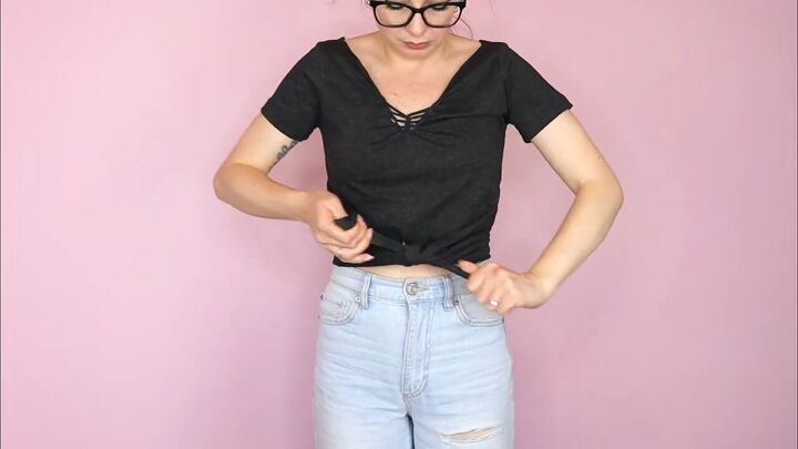 5 ways to make a diy crop top from a t shirt easy no sew tutorial, Tying the ends to make a crop top