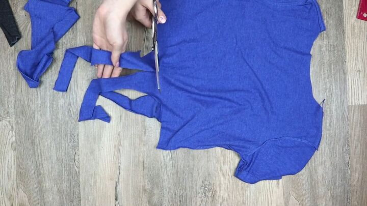5 ways to make a diy crop top from a t shirt easy no sew tutorial, Cutting off the straps from the t shirt back