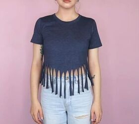 5 ways to make a diy crop top from a t shirt easy no sew tutorial, DIY cropped t shirt with fringe