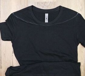 3 easy no sew ways to make diy off shoulder tops from t shirts, Drawing a curve under the t shirt collar