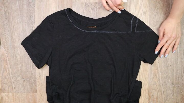 3 easy no sew ways to make diy off shoulder tops from t shirts, Marking the t shirt for cutting