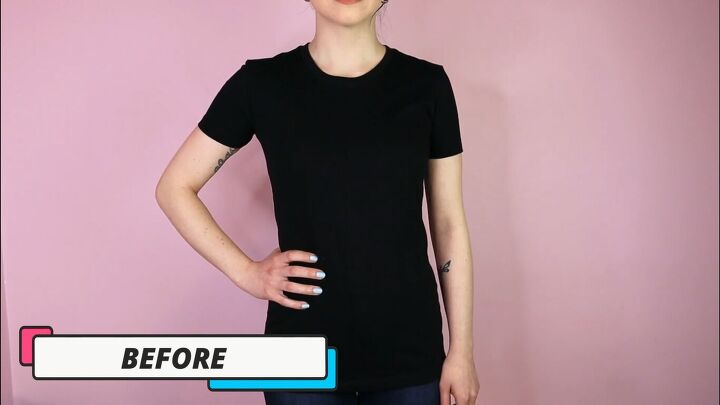 3 easy no sew ways to make diy off shoulder tops from t shirts, Plain black t shirt before the DIY