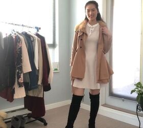 7 classy date night outfits you can wear this valentine s day, Beige dress tan coat and over the knee boots