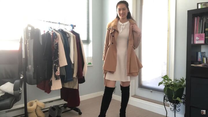 7 classy date night outfits you can wear this valentine s day, Beige dress tan coat and over the knee boots