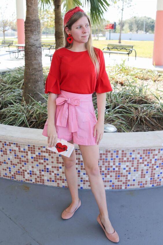 valentine s day outfit perfect for florida, Red Bell Sleeve Top J Crew Pink Bow Shorts Custom Headband Clutch Heart Earrings