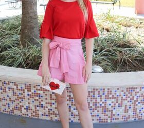 valentines day outfit perfect for florida, Red Bell Sleeve Top J Crew Pink Bow Shorts Custom Headband Clutch Heart Earrings