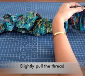 how to make a ruffle wrap skirt matching crop top from a maxi dress, Pulling the gathering stitch