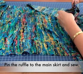 how to make a ruffle wrap skirt matching crop top from a maxi dress, Pinning the ruffle to the DIY wrap skirt