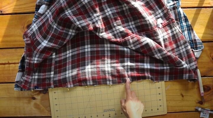 how to make a flannel shirt dress out of 4 old men s shirts, Pinning two halves of the shirts together