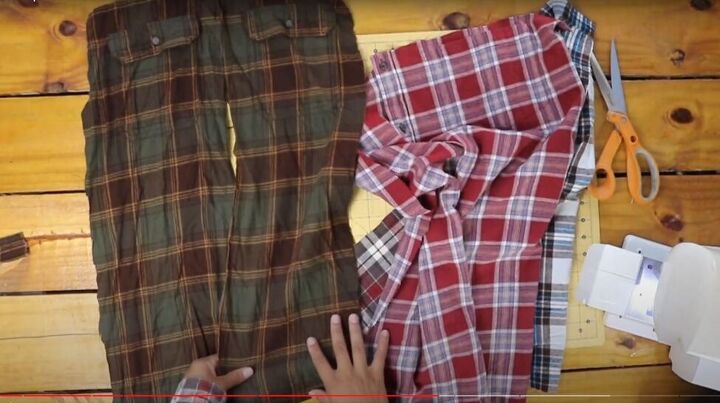 how to make a flannel shirt dress out of 4 old men s shirts, Cutting pieces of fabric from the flannels