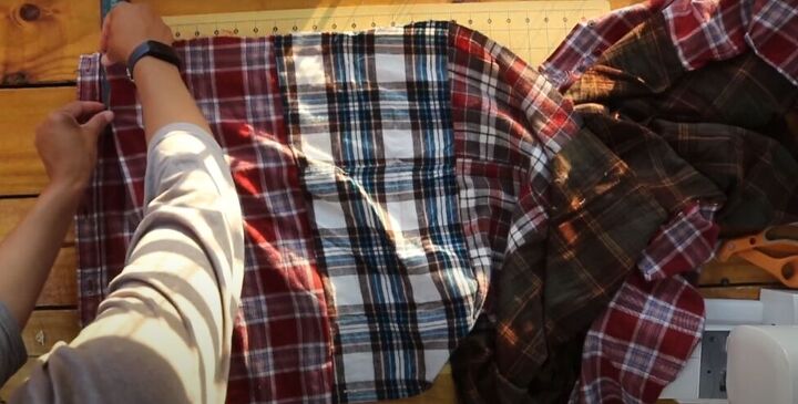 how to make a flannel shirt dress out of 4 old men s shirts, Sewing the panels together to make the skirt