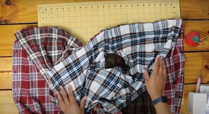 how to make a flannel shirt dress out of 4 old men s shirts, Attaching the top and bottom of the dress