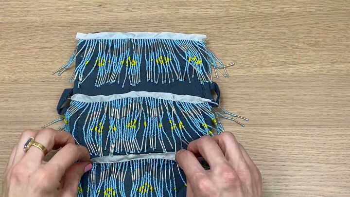 how to make a no sew diy crossbody bag out of dollar tree potholders, Adding beaded fringe to the DIY crossbody bag