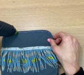how to make a no sew diy crossbody bag out of dollar tree potholders, Gluing the beaded fringe