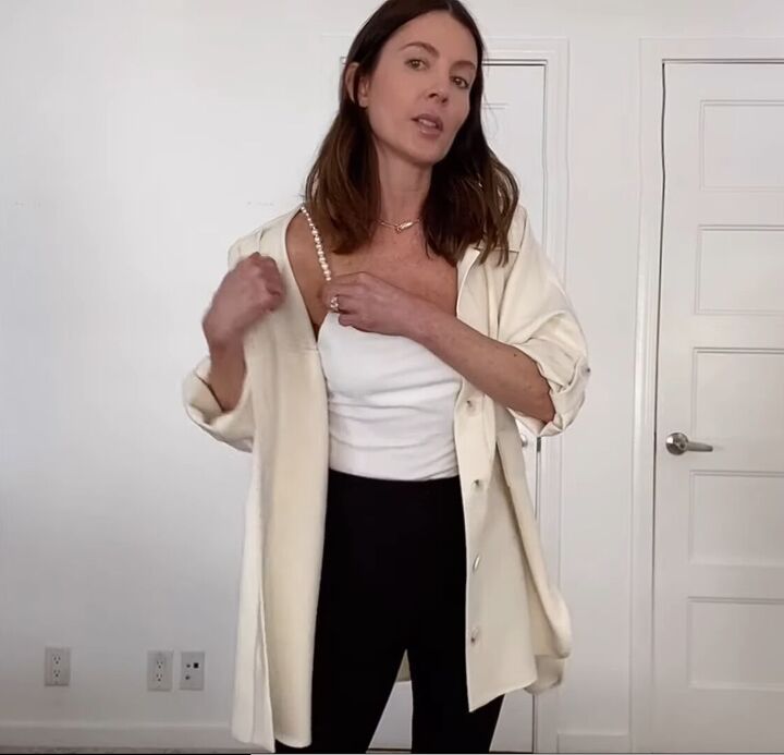 4 cute pants outfits how to style different kinds of pants, Shacket and camisole with pearl detailing