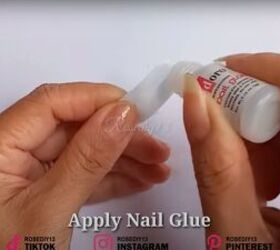 how to make diy fake nails out of a face mask baby powder, Applying nail glue to the face mask