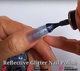 how to make diy fake nails out of a face mask baby powder, Applying glittery nail polish to the DIY nail