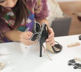 how to make stunning diy butterfly wing heels at home, Attaching the butterfly wings to the shoe