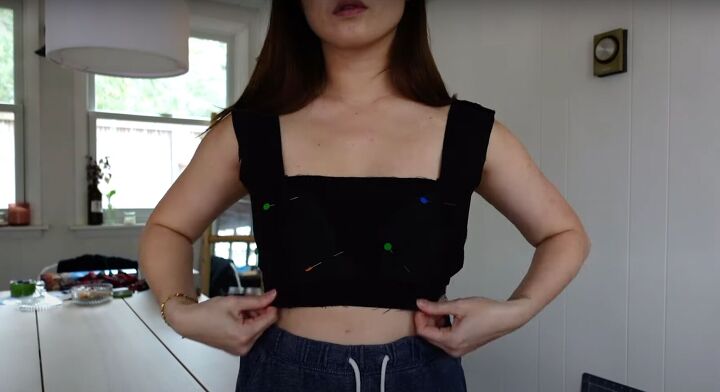 how to make a cute two piece set from an old dress pants, Adding bra cups to the top
