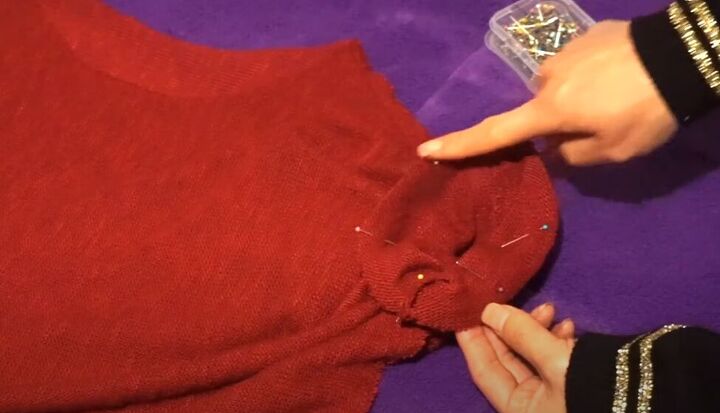 how to sew a diy oversized sweater that s cozy easy to make, Pinning the sleeves to the armholes