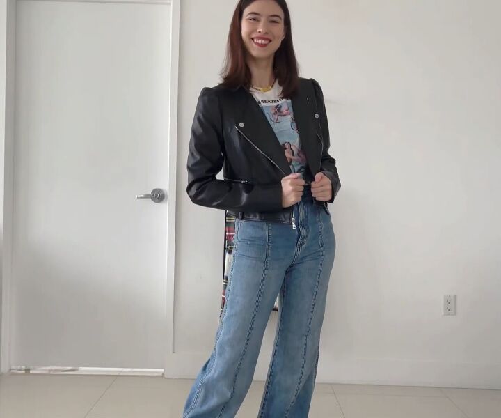 7 cute flare jeans outfit ideas that have every occasion covered, Flare jeans outfit with a leather jacket