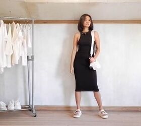 22 basic neutral outfits that still look stylish in 2022, Neutral tone outfit with a black midi dress