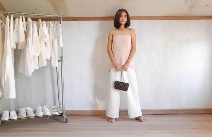 22 basic neutral outfits that still look stylish in 2022, Neutral tone outfit with a long tube top