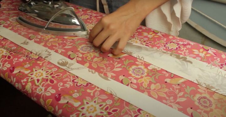 how to sew a tote bag in 3 different ways, Folding and pressing the straps