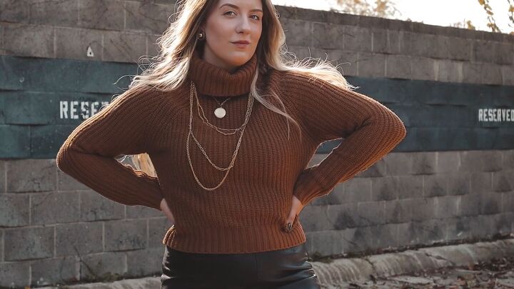 14 thrifted items that make up a chic winter capsule wardrobe, Brown sweater in a winter capsule wardrobe