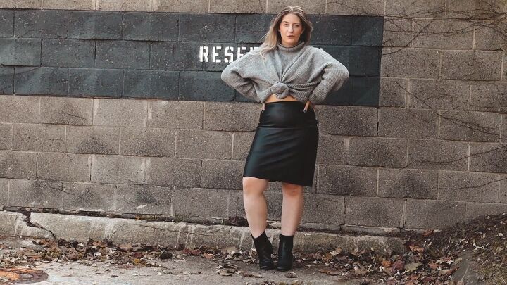 14 thrifted items that make up a chic winter capsule wardrobe, Leather skirt as a versatile wardrobe essential