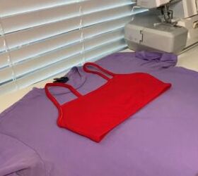 how to make a cute diy one shoulder crop top out of an old t shirt, Placing a sports bra on top of the t shirt