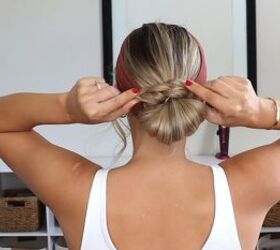 5 easy super cute headband hairstyles for medium to long hair, Crossing the two braids over the bun