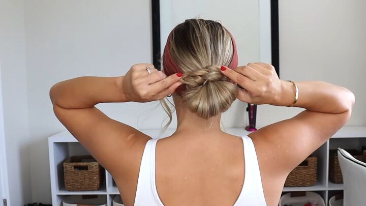 5 easy super cute headband hairstyles for medium to long hair, Crossing the two braids over the bun