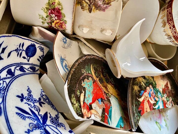 turning broken china into beautiful brooch, Box of old crockery
