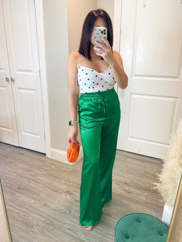 how to style green satin pants