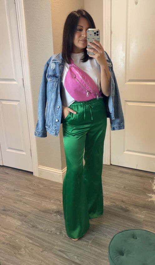 how to style green satin pants