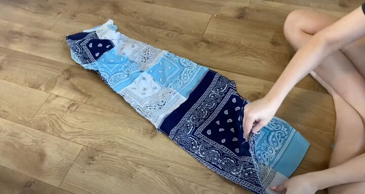 need some cute comfy diy pants try this bandana pants tutorial, Pinning the crotch of the pants ready to sew