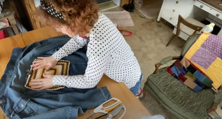 how to upcycle a denim jacket with a granny square doily, Adding doilies on jean jackets
