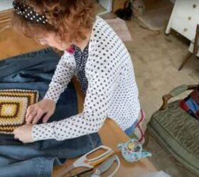 how to upcycle a denim jacket with a granny square doily, DIY doily on jean jacket project