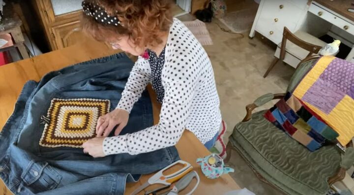 how to upcycle a denim jacket with a granny square doily, DIY doily on jean jacket project