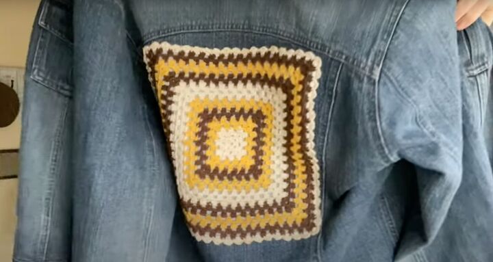 how to upcycle a denim jacket with a granny square doily, DIY upcycled denim jacket with a doily