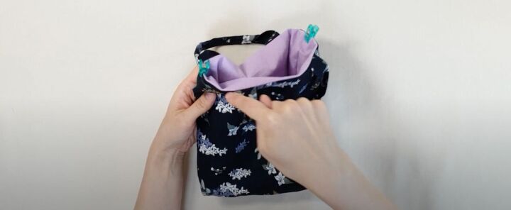 how to make a cute diy drawstring tote bag free pattern in 2 sizes, Clipping the top of the bag ready to topstitch